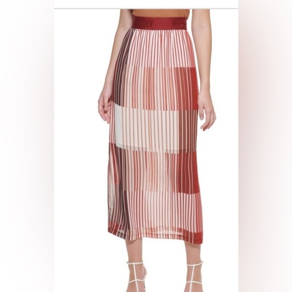 DKNY Women's Logo Striped MIDI Skirt - Red Pop White Size Large new - Picture 2 of 5